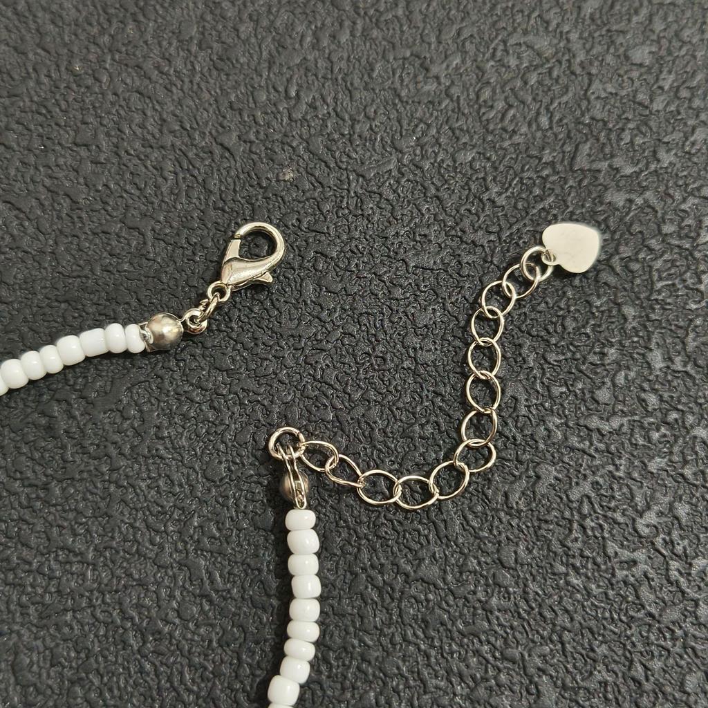 Bohemian White Rice Bead Anklet with Heart & Mother-of-Pearl Pendant