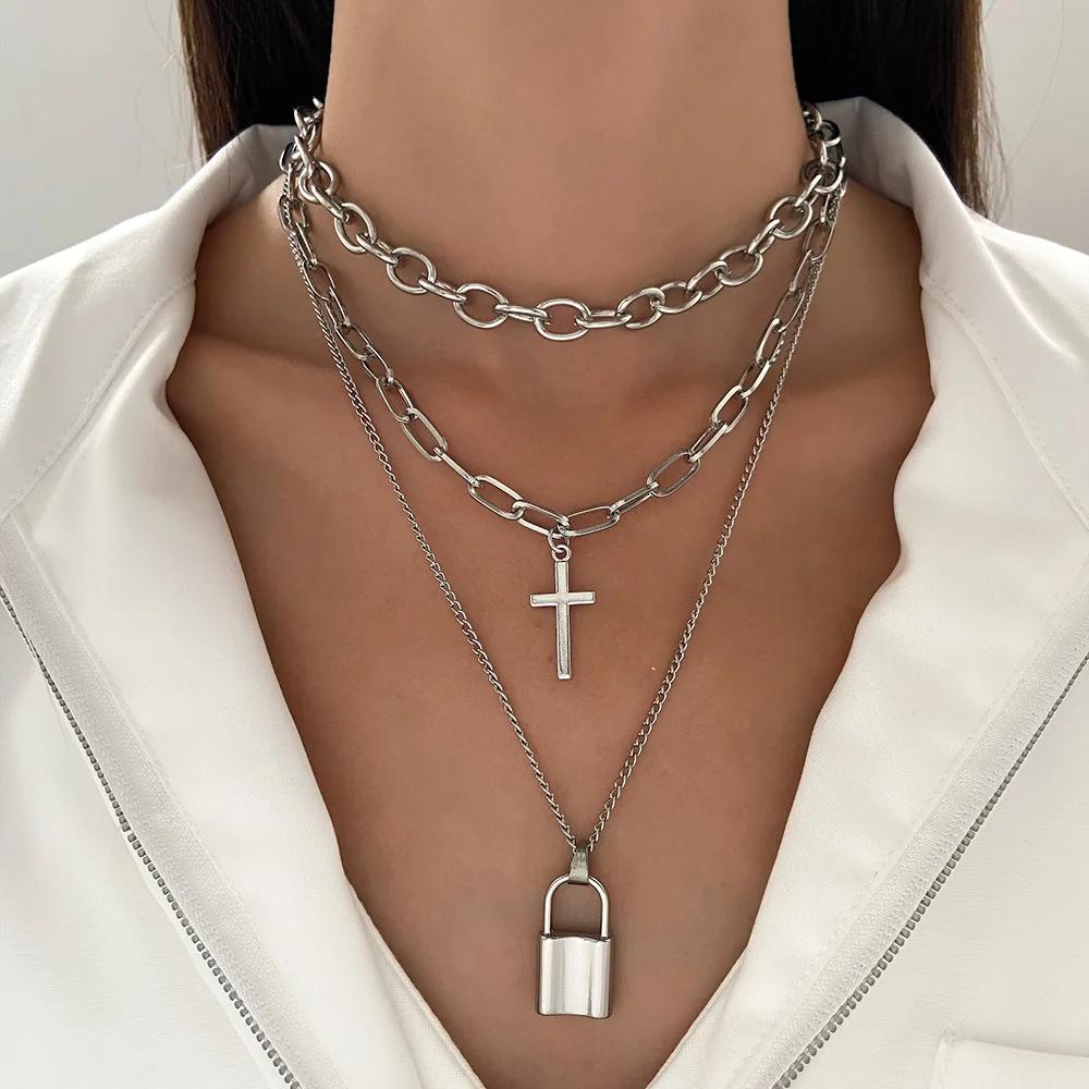 Personality Design Pearl Cross Pendant Necklace for Women Goth Style Crystal Stainless Steel Chain Chokers Punk Party Jewelry