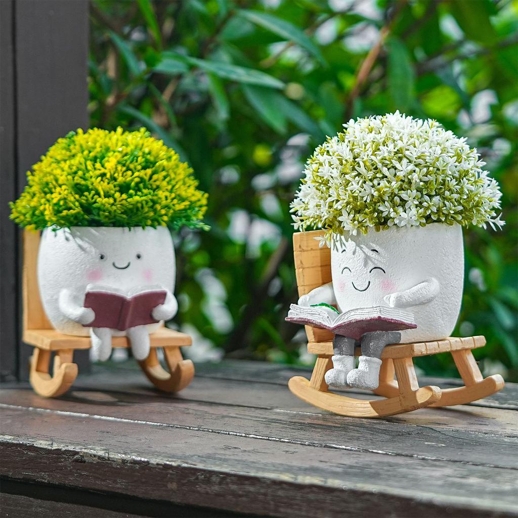 Chair Smile Face Planter Resin Hanging Cute Head Flower Pot with Swing Seat Creative Succulent Flower Pot Garden Plant Container