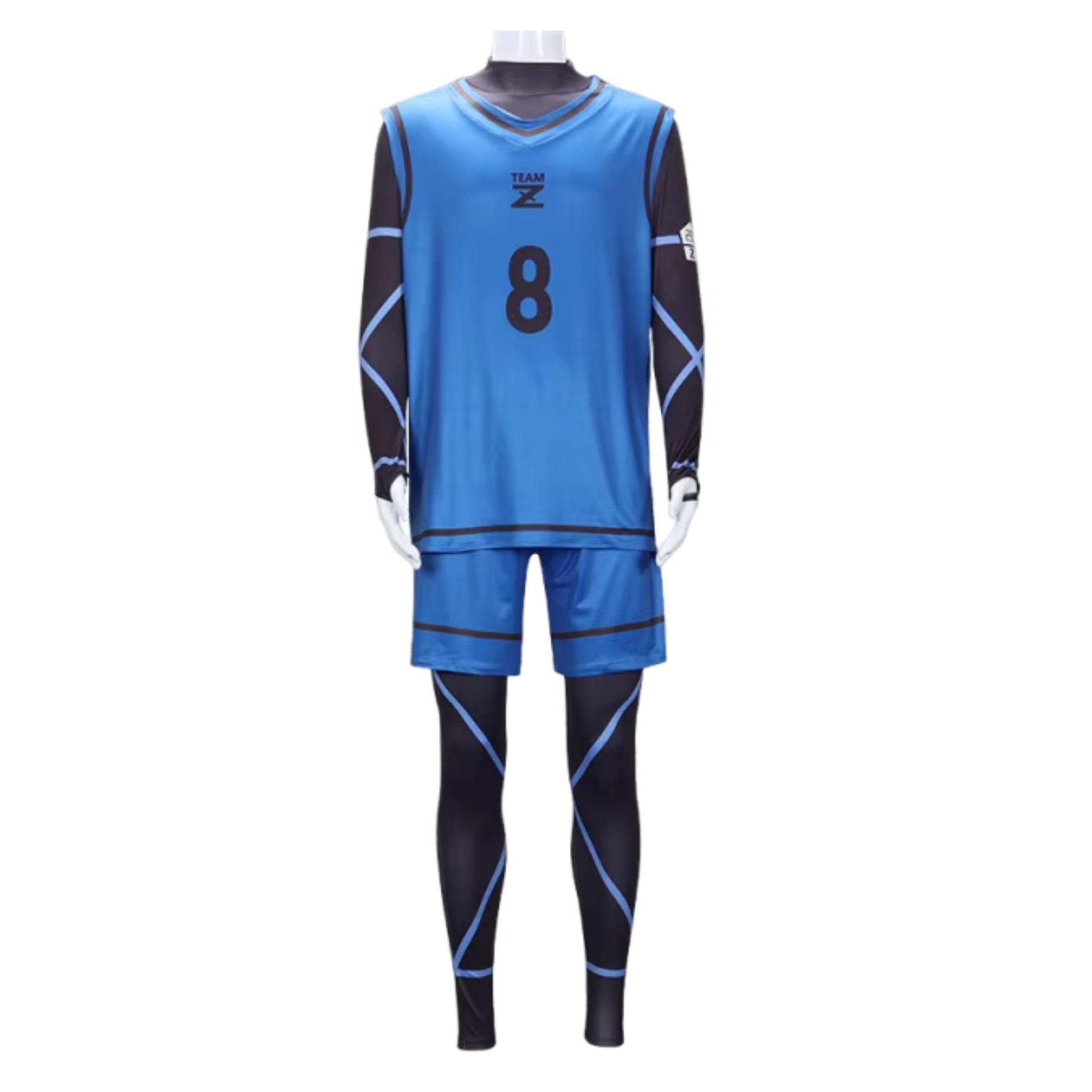

Bachira Meguru Cosplay Costume Anime Blue Shorts Jersey Football with Black Bodysuit Club Sportswear Jumpsuits Set for Men Women L&BLUE