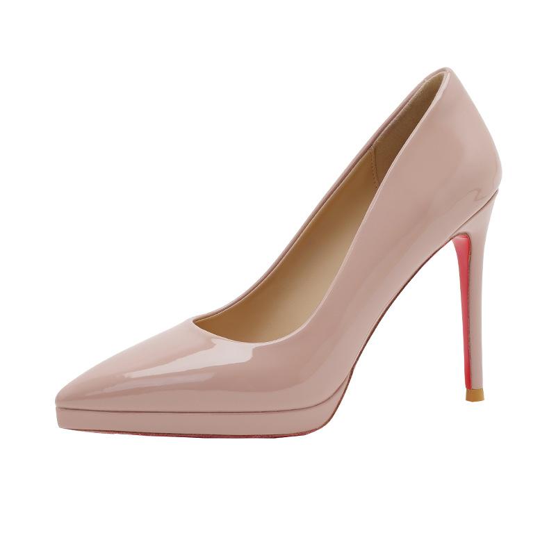 Nude Waterproof Table High Heels Women's Stiletto 2026 New Versatile Temperament Pointed Single Shoes Sexy Patent Leather Red Soles