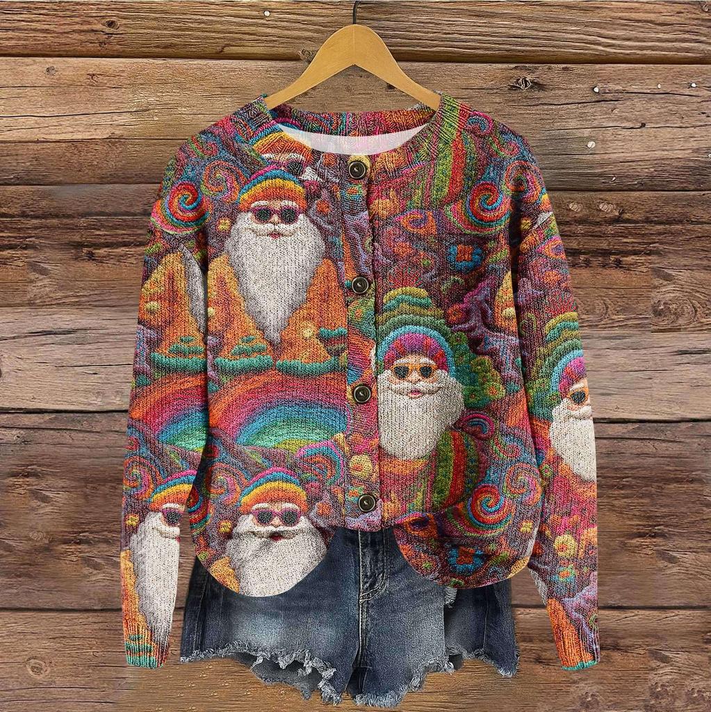 Women's Vintage Knit Button Christmas Print Cardigan Jacket