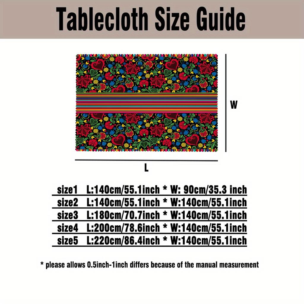 1PC Mexican Carnival Floral Printed Tablecloth, Rectangular Table Cover, Home Kitchen Dining Room Living Room Decor