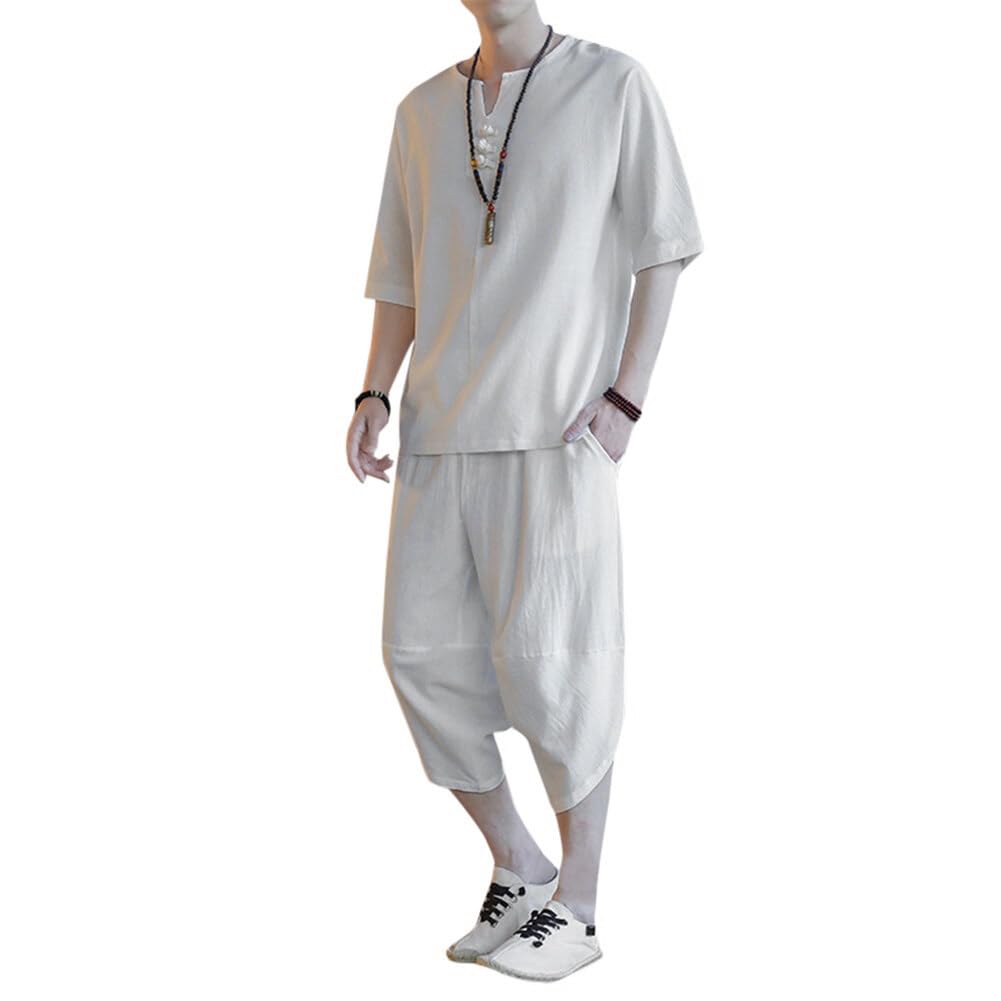 Mirror You Men's T-shirt and Sarouel Pants Set, 3/4 Length, Moisture-Wicking, Breathable, Casual, Solid Color, Plus Sizes, Loungewear