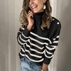 Fashion Women Stripes Buttons High-necked Long Sleeves Tops Pullover Sweater