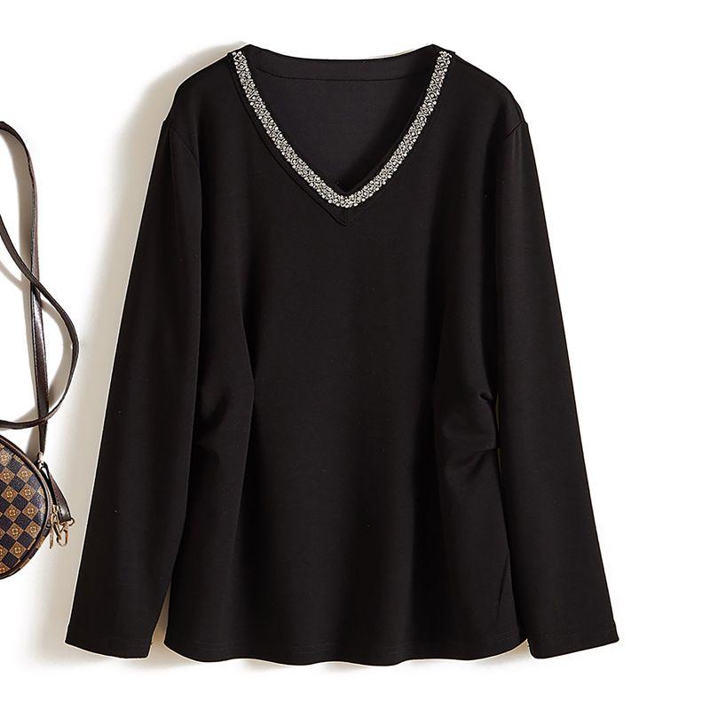 

Korean Style Dongdaemun Fire! INS Women s Rhinestone V-neck Long Sleeves Double-Sided Ruched Thin Waist Cotton T-shirt 2025 Breathable Black L