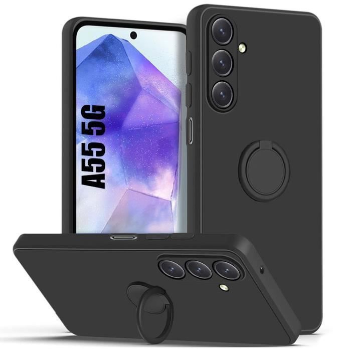 Coque de protection - Booling - pour Samsung Galaxy A55 5G - Silicone avec anneau - Antichoc - Noir mat