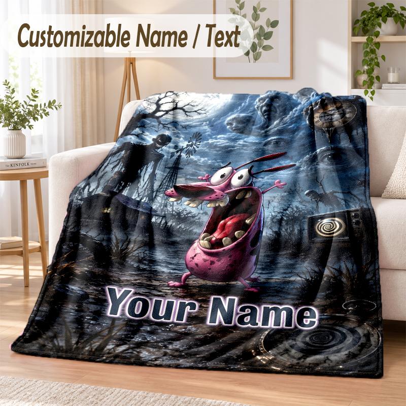 Courage the Cowardly Dog Custom Name Flannel Throw Blanket Soft Warm for Sofa Bed Indoor Home Use