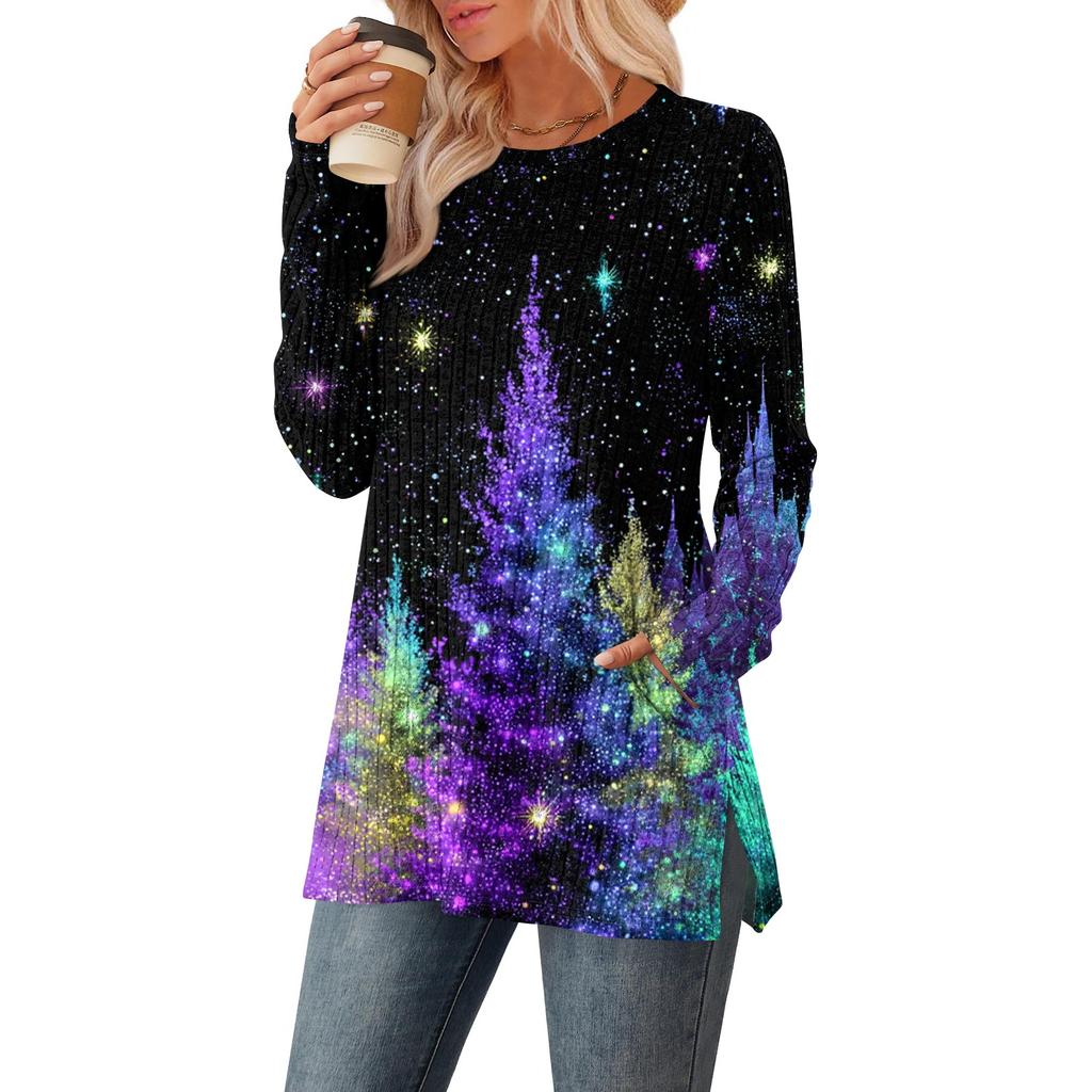 Women's Christmas Printed Round-neck Long-sleeved Top With Pockets And Side Slits