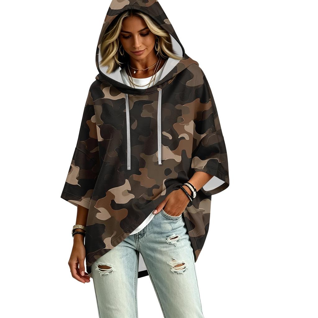Damen lässiger Kapuzenpullover mit Camouflage-Print und Dreiviertelärm