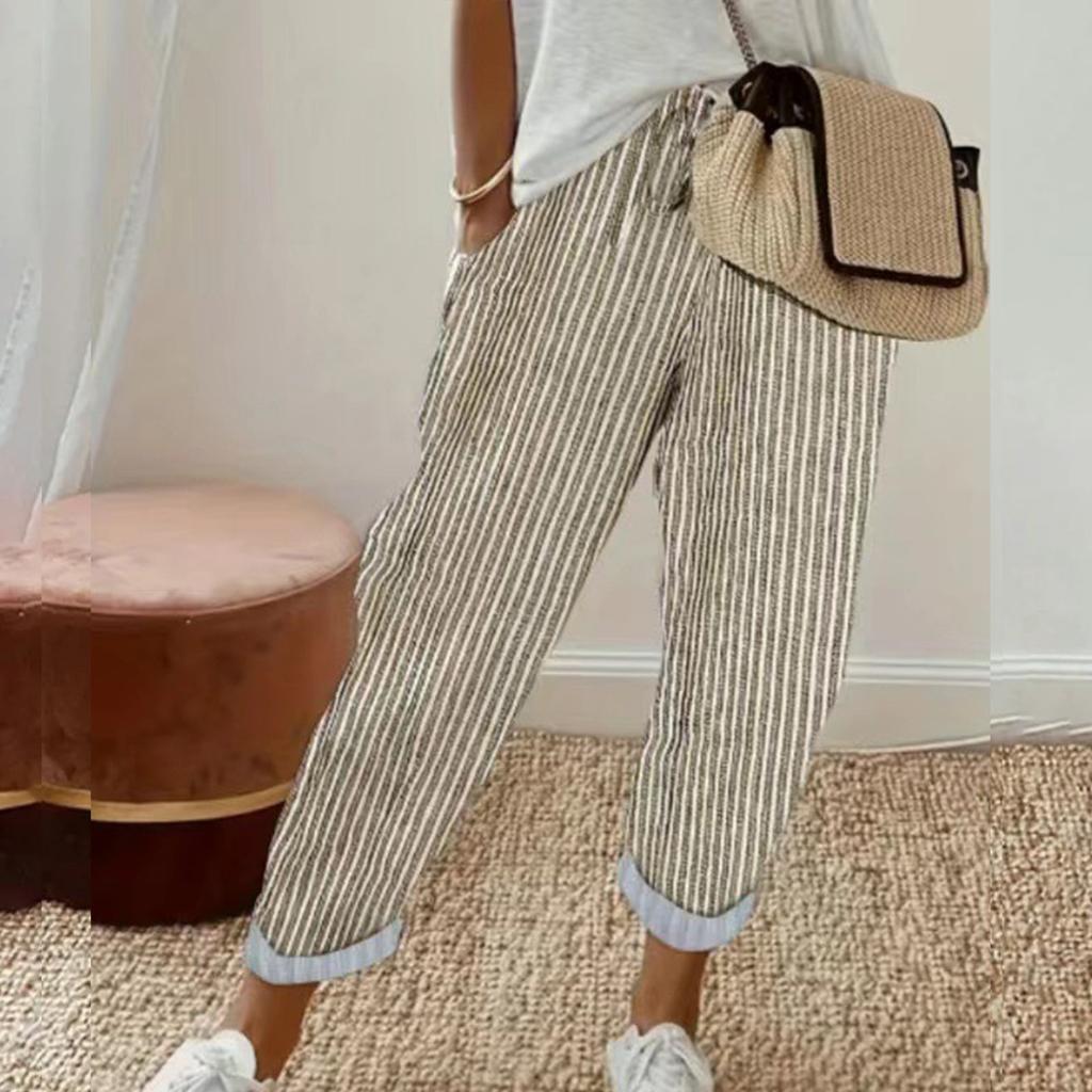 Ladies' Drawstring Striped Elastic Waistband Tied Casual Pants With Pockets