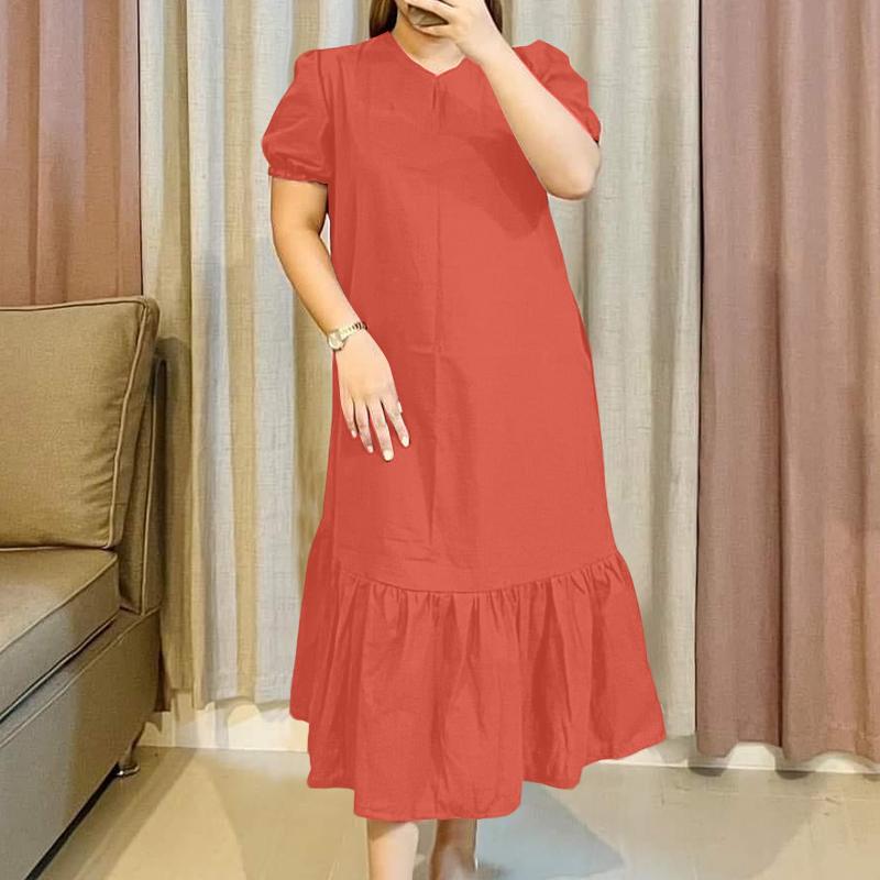 

ZANZEA Женское повседневное летнее платье-фонарик с коротким рукавом и V-образным вырезом M ржавый