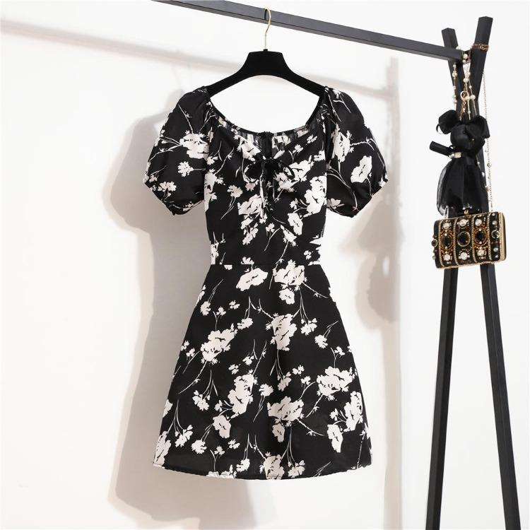 Korean Style Elegant Floral Printed Women Mini Dress Bohemian Pleated Puffy Sleeve Sexy Summer Vestidos Shirring Female Short Dress