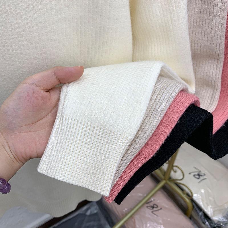 Eldelad fleece-tröja med halvhög krage för dam, fleeceförtjockad pullover, enfärgad långärmad avslappnad stickad tröja för höst och vinter