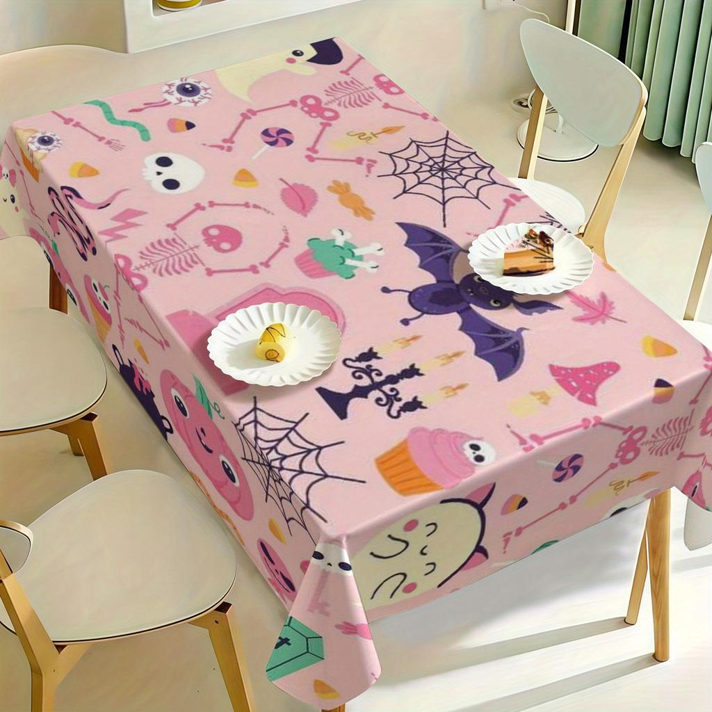 1pc Halloween Themed Tablecloth, Pink Background, Cute Cartoon Style, Featuring Adorable Skulls, Jack-o'-Lanterns, Ghosts, Bats, Spider Webs, Tombston