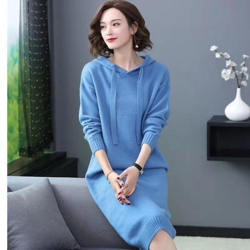 Korean Loose Knitted Sweater Autumn and Winter New Hooded Pullover Mid-length Over-the-knee Bottoming Pullover Sweater Dress