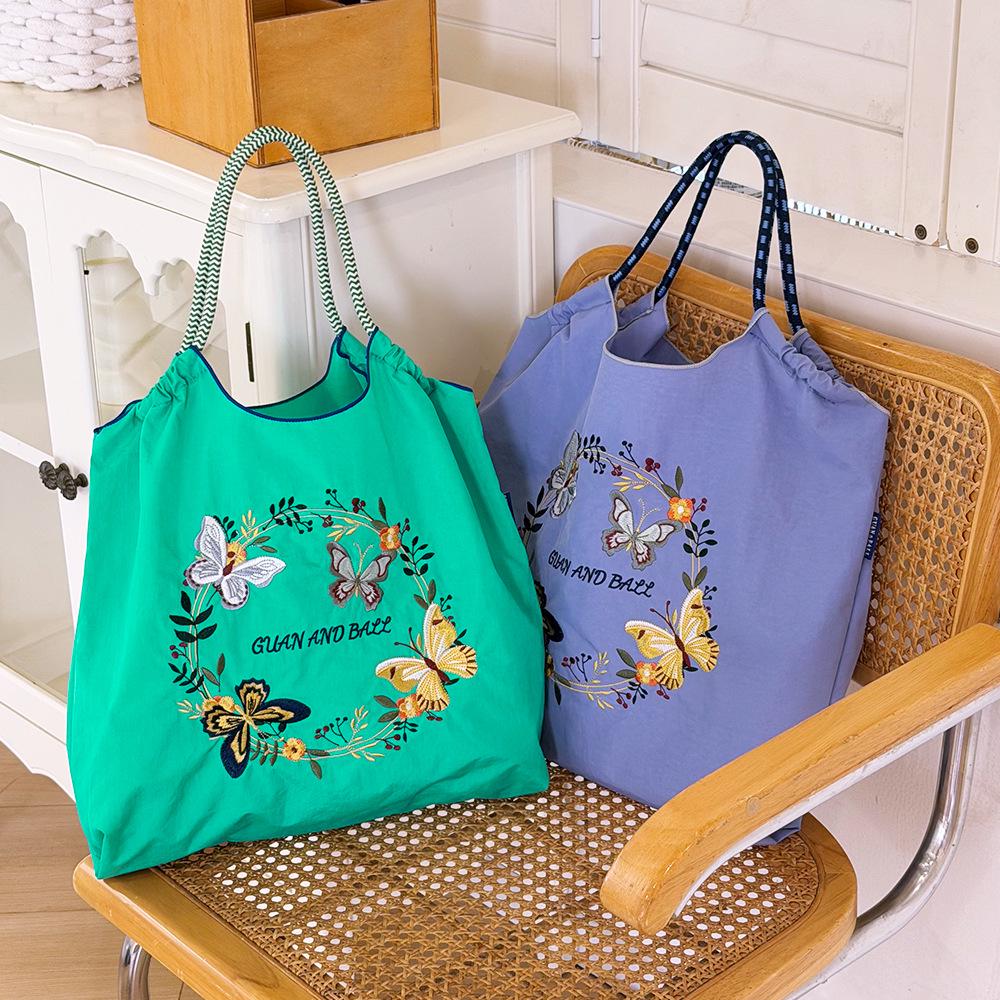 Japanese Style Handmade Waterproof Nylon Canvas Bag with Embroidered Patterns, Large Capacity