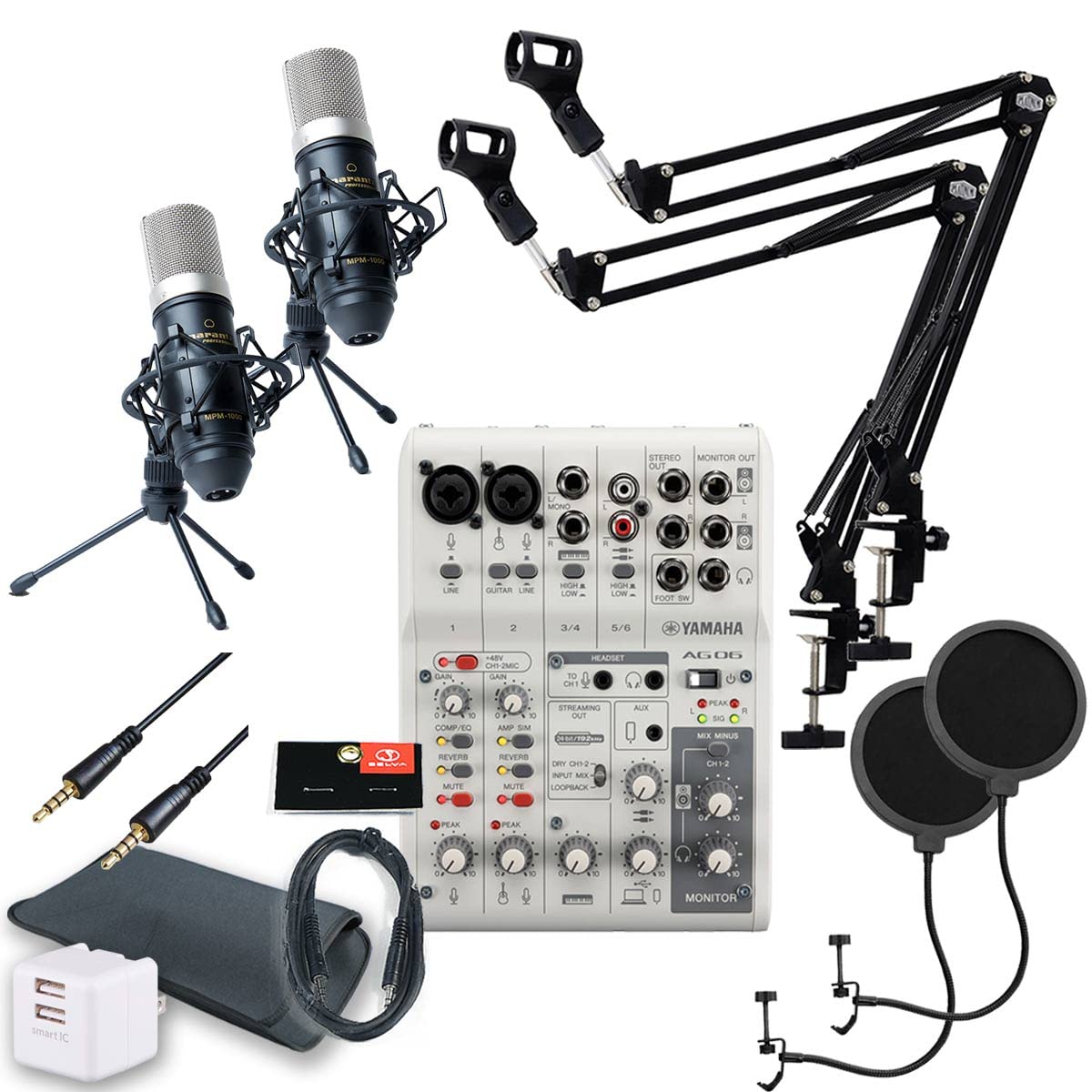 

YAMAHA AG06MK2 WHITE double microphone set for Android users Condenser microphone x pop blocker x arm stand x AUX convenient sleeve USB 2 port AC білий