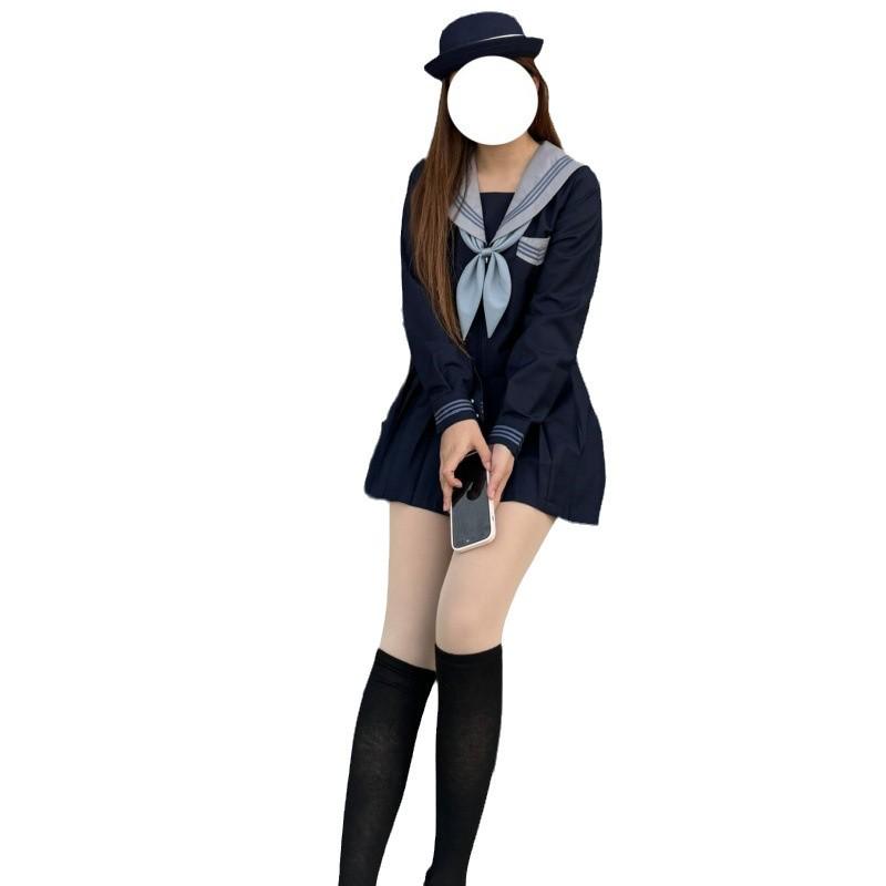 Set Uniforme da Marinaretta Giapponese Stile Accademico con Colletto Grigio e Bordo Blu Navy a Tre Linee