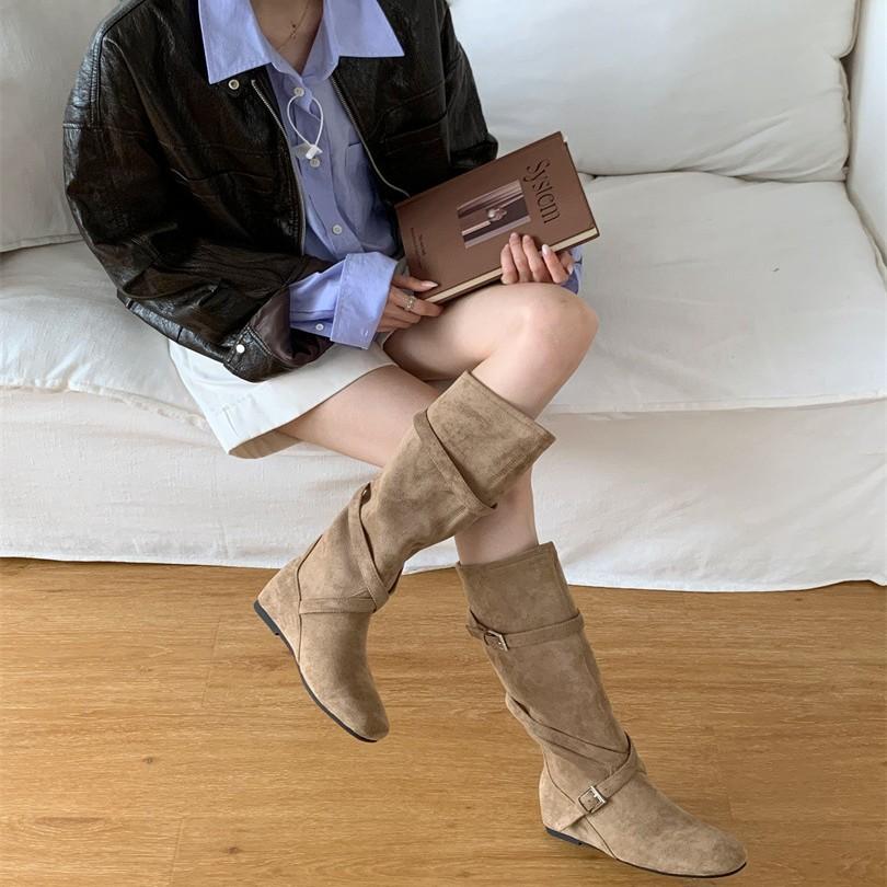 2025 Autumn High-quality Handmade Stacking Boots But Knee Round Head Boots Inner Height Increase Relaxation Suede Boots Women