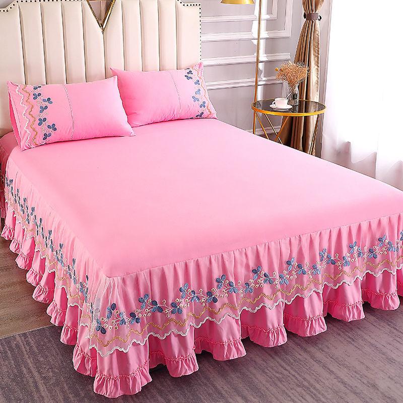 Solid Lace Embroidered Bedspread Mattress Protective Cover Polyester Bed Skirt Anti Slip and Dustproof Flounce Edge Bedsheet
