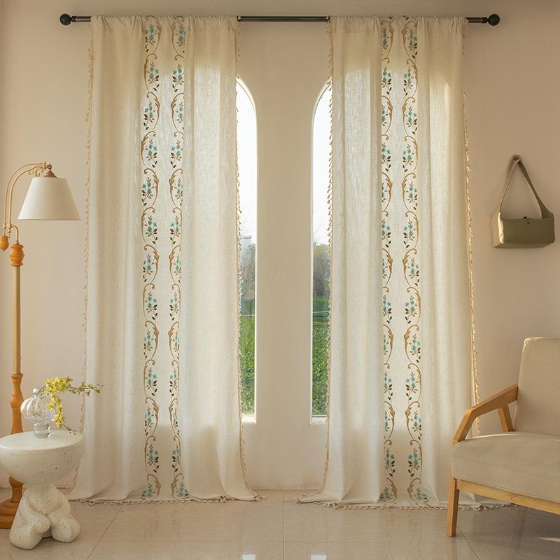 American Style Cotton Linen Fringe Embroidered Floral Semi Blackout Short Curtains for Living Room Bedroom Balcony Kitchen