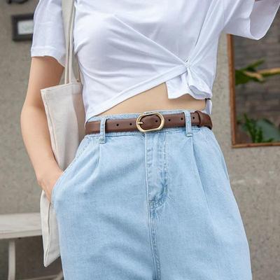 Damen Metall Oval Dornschließe Gürtel Mode PU Leder Lang Dünn Verstellbarer Bund Schick Jeans Hosen Dekorative Gürtelschnalle