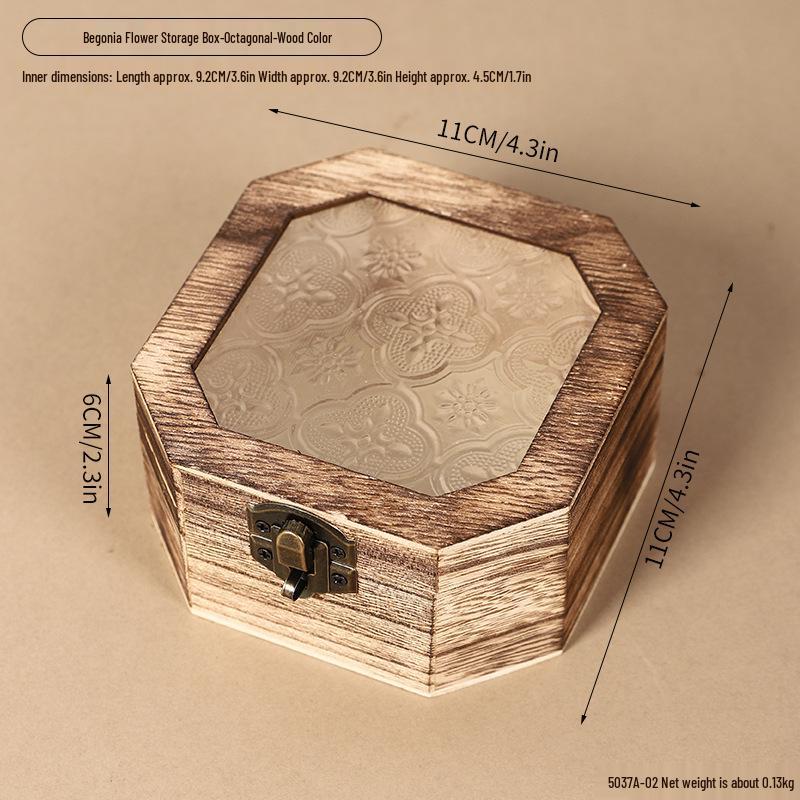 Retro Begonia Glass Lid Wooden Storage Box for Cosmetics, Snacks, Candy, and Documents - Dustproof and Multifunctional