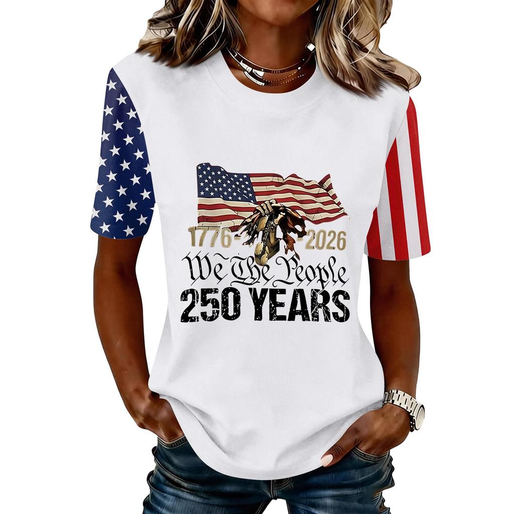 Blusa Feminina da Moda Casual de Manga Curta com Estampa e Gola Redonda