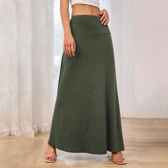 Jupe longue élastique taille haute pour femme, coupe trapèze, couleur unie