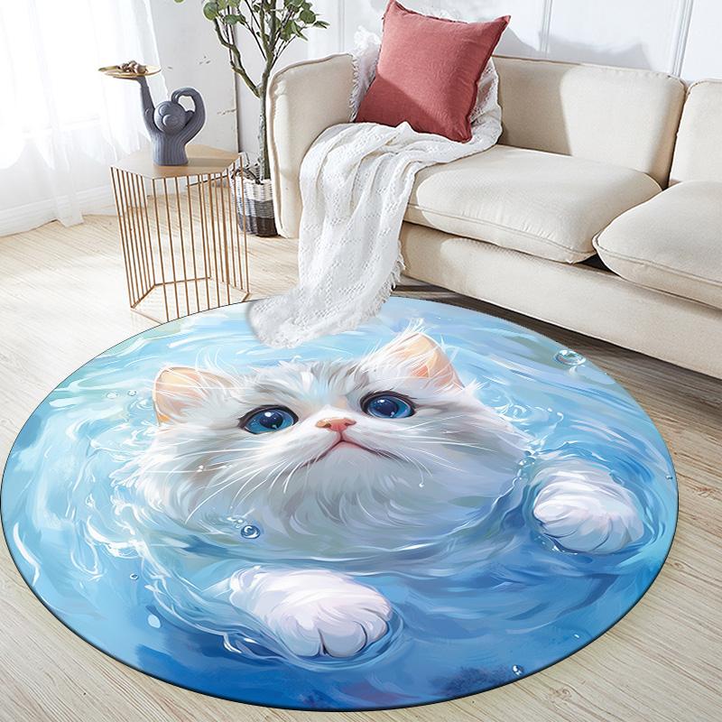 Water Ripple Cat,Round Area Rug,Carpet Rug for Living Room Bedroom Sofa Playroom Decor,Non-slip Floor Mat
