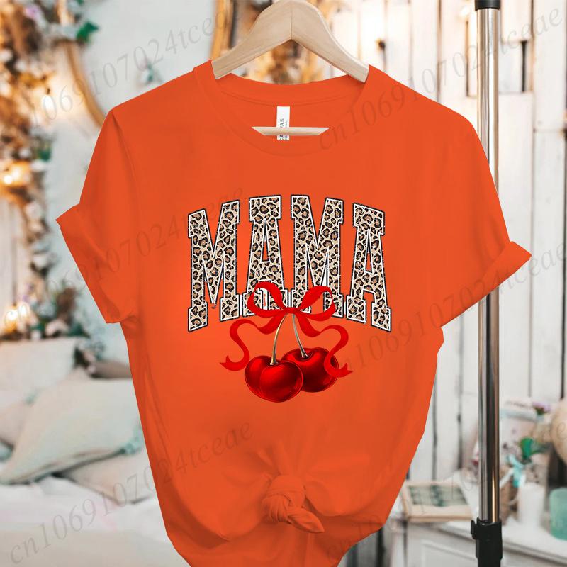 Women Fashion T Shirt Cherry Mama Print Girl Funny Tops Womens Casual TShirt Tops Cherry Bow Mama Tee Aesthetic Mom Clothes
