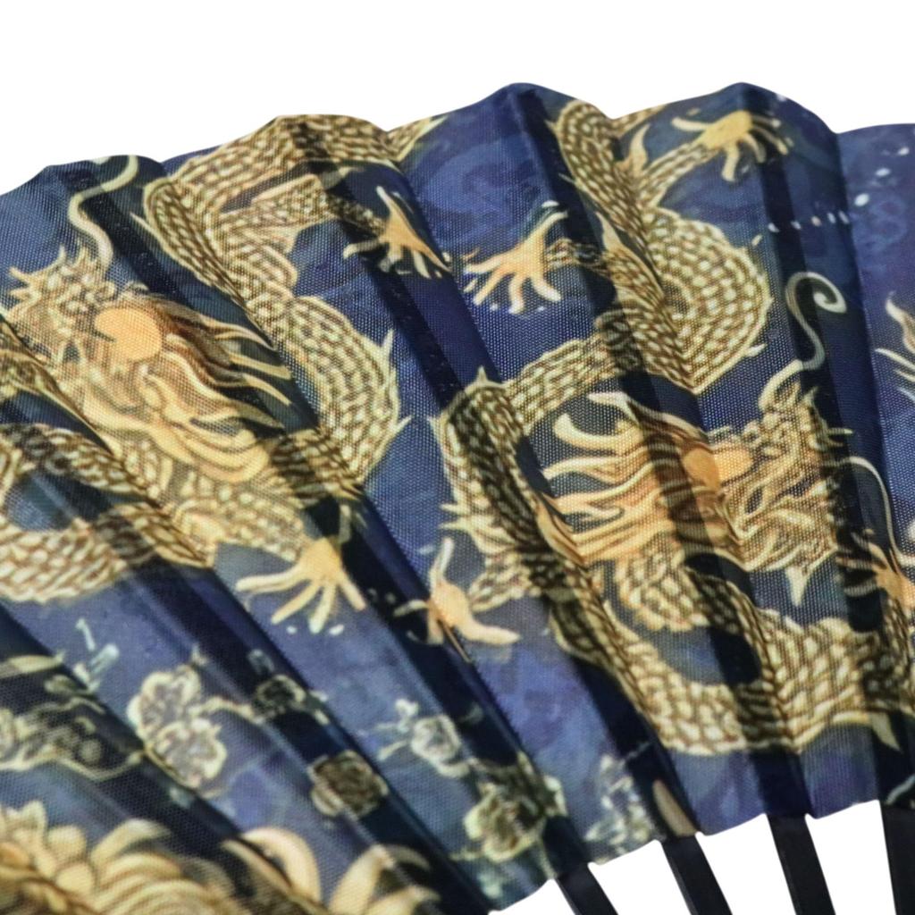 Double Golden Dragon Fan for Men Dragon Tiger Design Japanese Style Foldable Tassel Lightweight Large Size Summer Festival Lucky Charm Feng Shui Blue