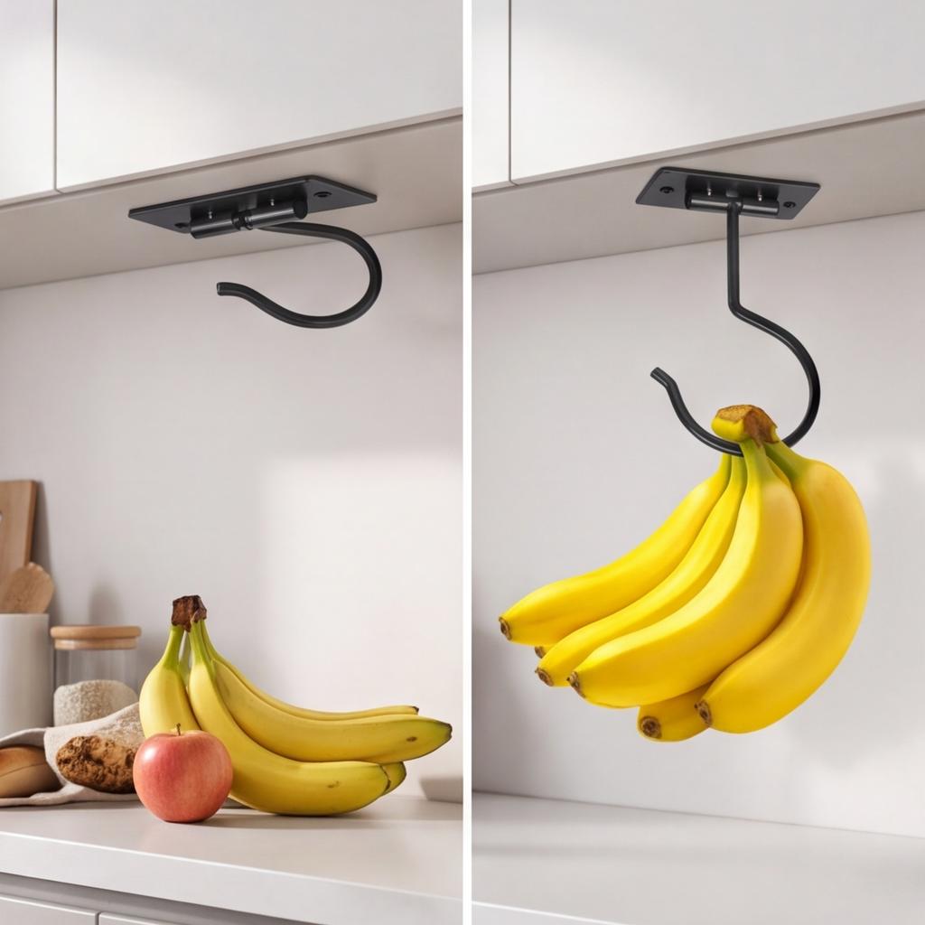 Self-Adhesive Banana Hook with Foldable Design Black Metal Under-Cabinet Banana Hanger for Fresh Fruit Storage Heavy-Duty Space-Saving Holder