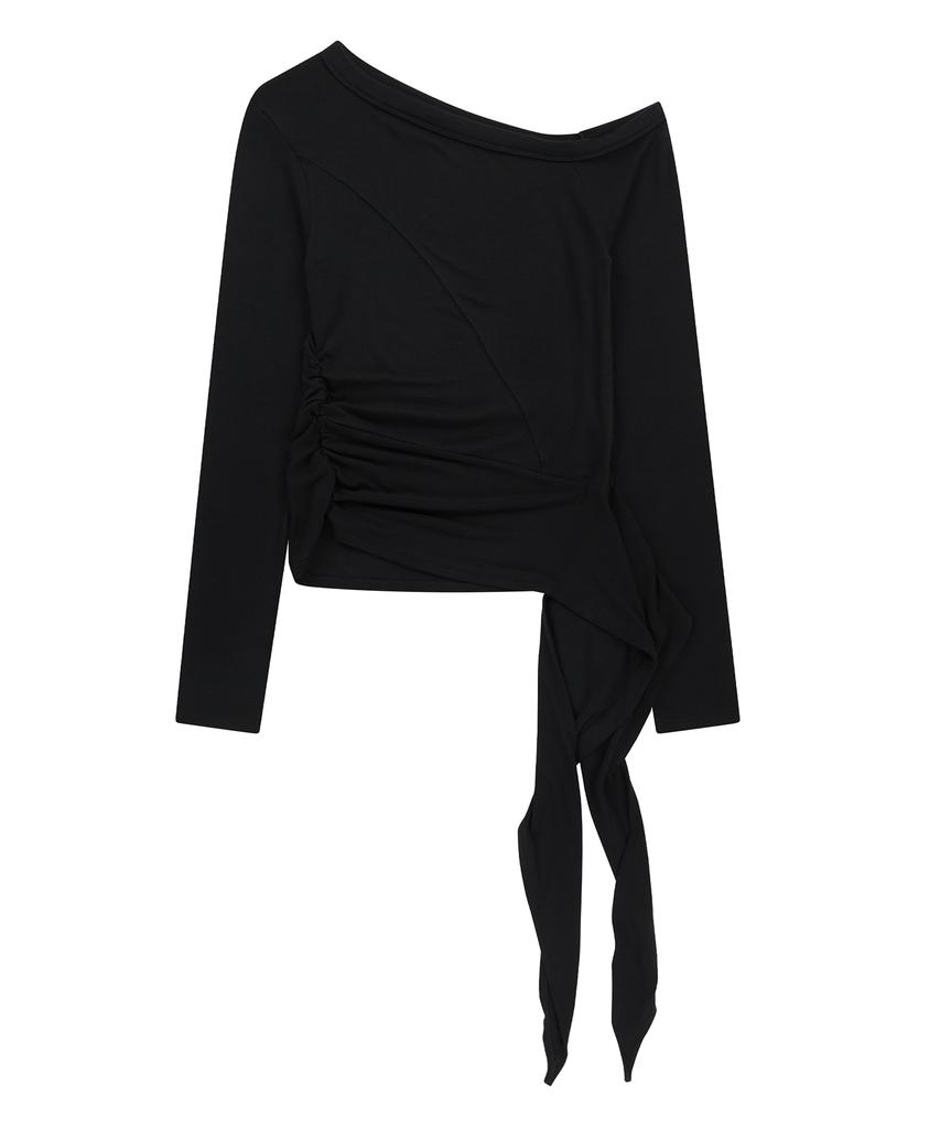 Saendeulig One Shoulder Unbalanced Strap T-Shirt_Black