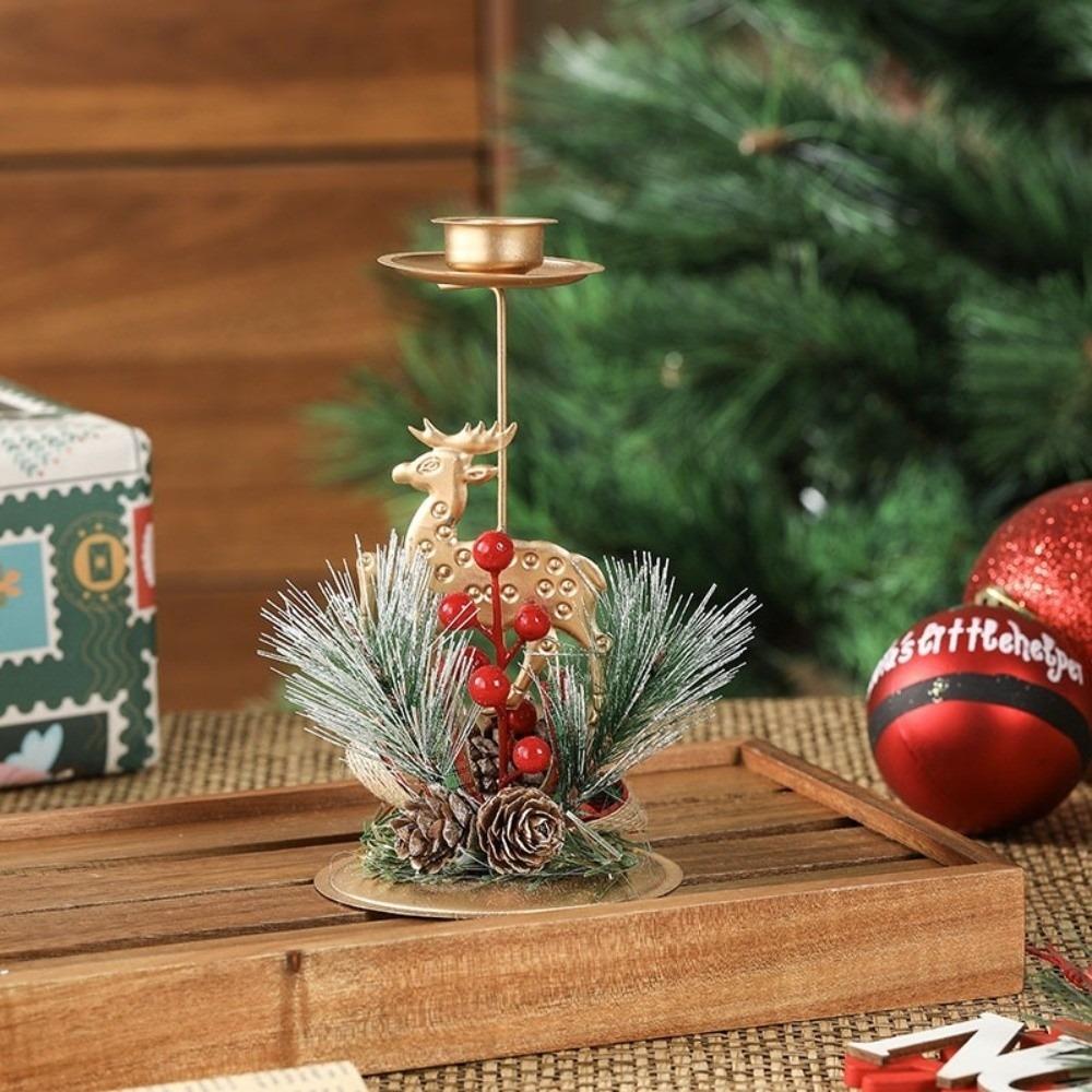 Vintage Golden Christmas Candle Holder Snowflake Xmas Tree Iron Candlestick Simulated Pine Needles Desktop Ornament Festive