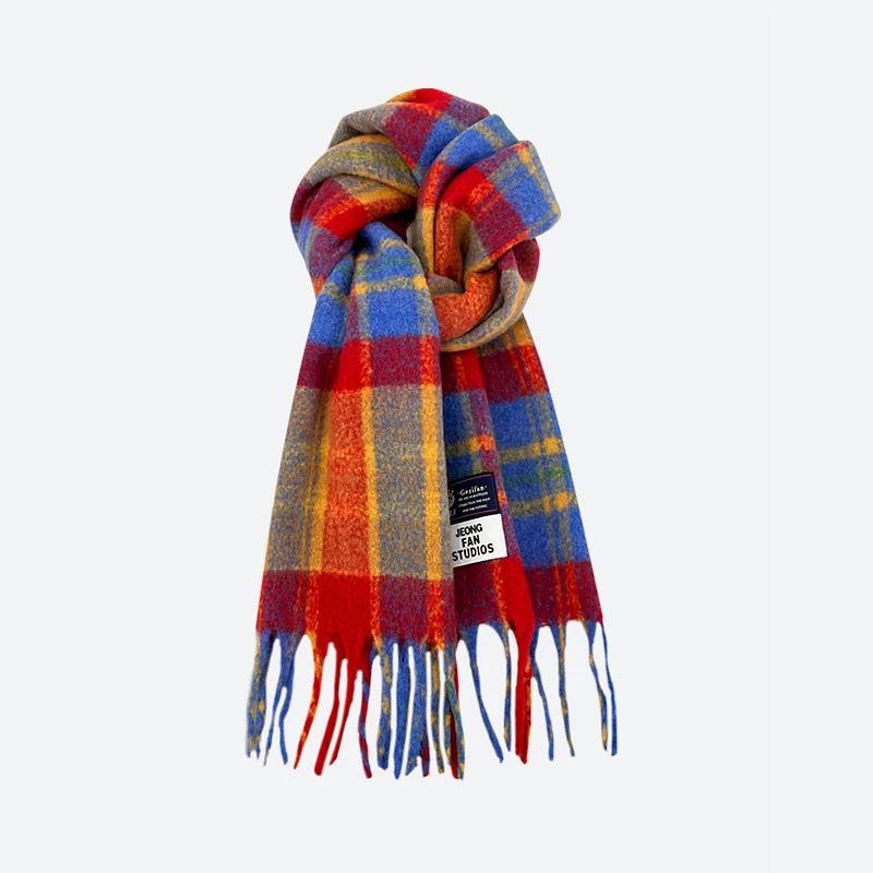 Cozy Plaid Wool-Blend Scarf: Warm, Furry, and Trendy Shawl for Autumn and Winter