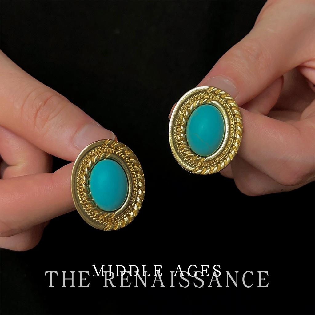 

Heavy Industry Oval Metal Turquoise Earrings Light Luxury Retro Medieval Earrings