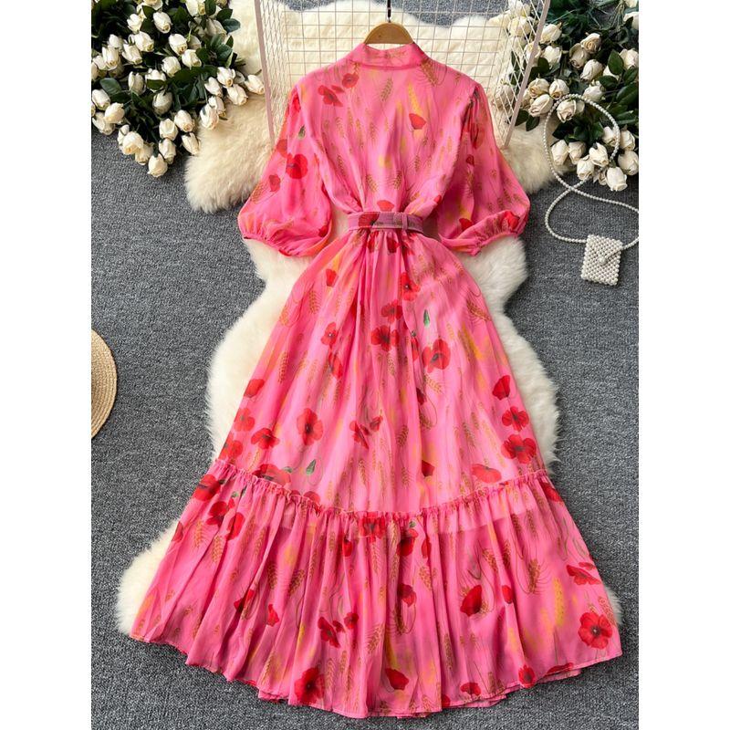 Lightly Mature Elegant Dress Women's French Fancy Bows Shoelace Puff Sleeves Waist Trimming Ruffles Printed Dress