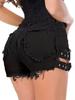 Women's Black Denim Shorts with Frayed Hem and Adjustable Metal Buckle