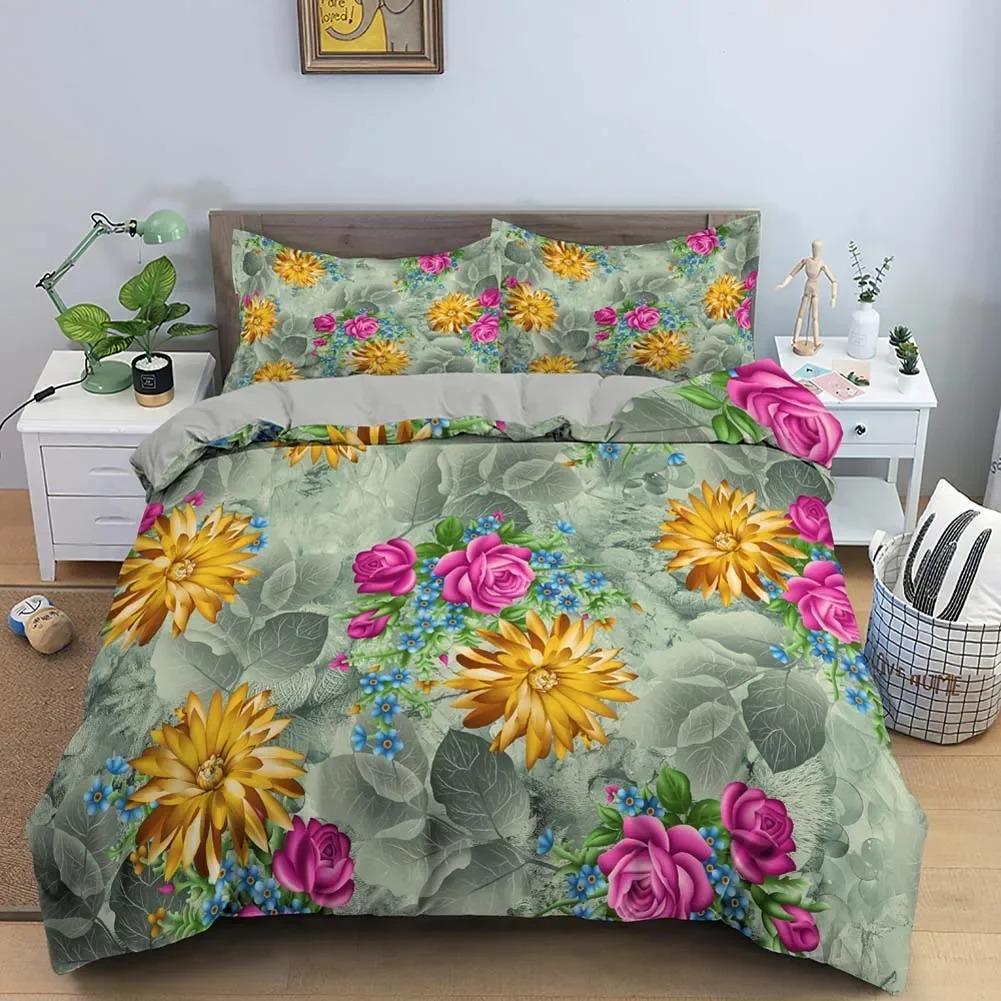 Vintage Blumen King Queen Bettbezug Pfingstrose Sonnenblumen Bettwäsche Set Tropischer Blumen Quilt Bezug Boho Polyester Bettbezug