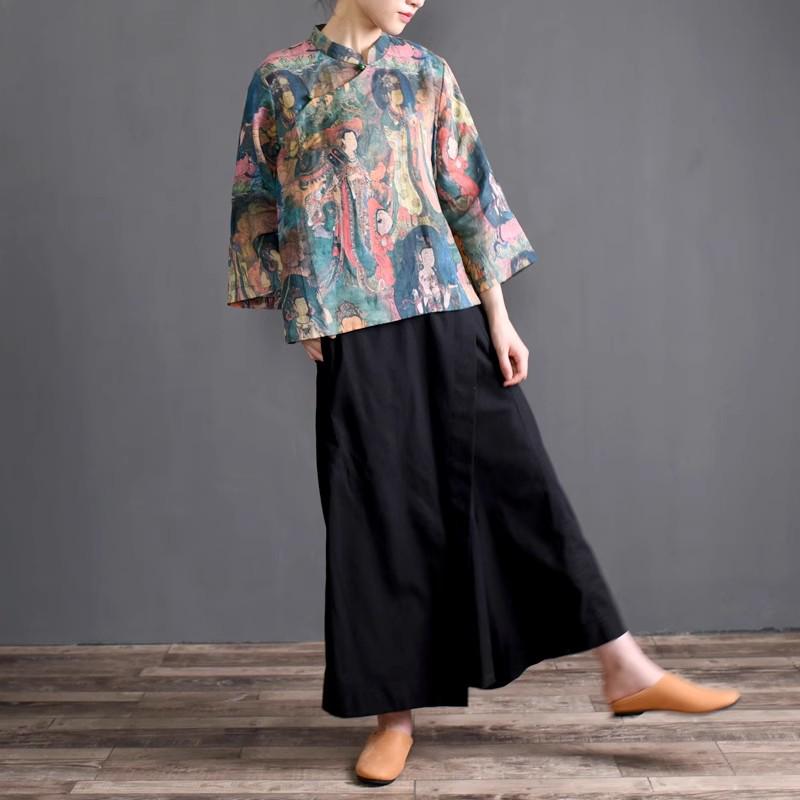 2026 Artistic Cotton Linen Plus Size Wide Leg Elastic Waist Culottes Skirt Pants for Women