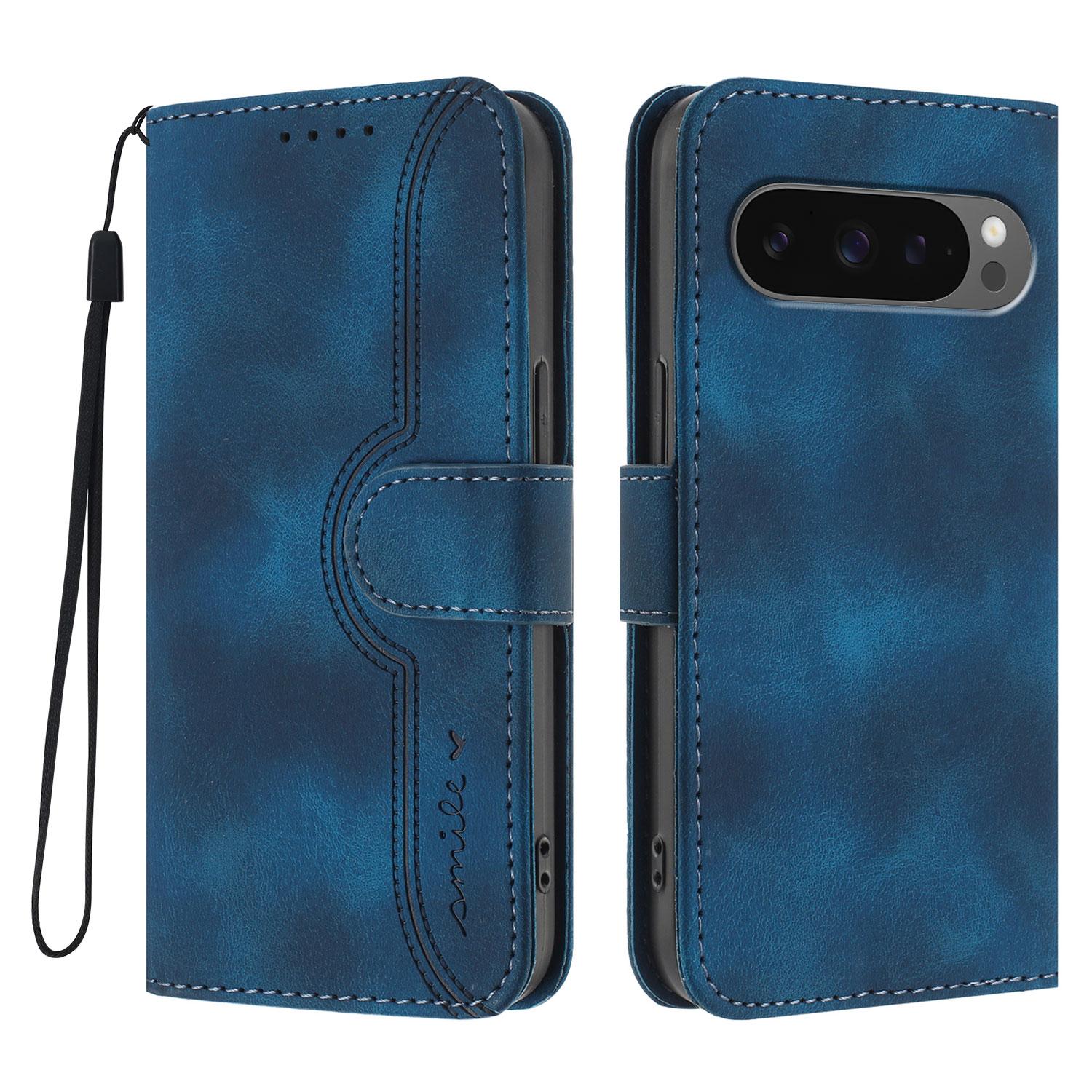 

For Google Pixel 10 Pro/Pixel 9/Pixel 9 Pro/Pixel 10 Leather Case Wallet Stand Smile Imprinted Phone Cover with Strap Royal Blue