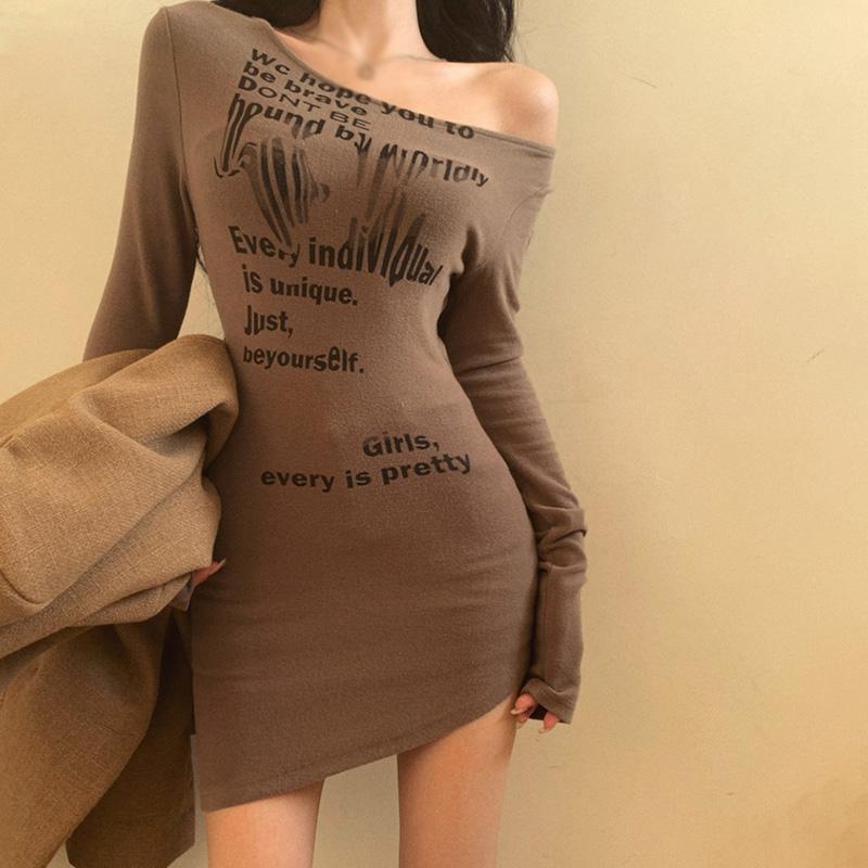 

Женское платье с буквенным принтом и длинными рукавами, облегающие платья с наклонным плечом One Size