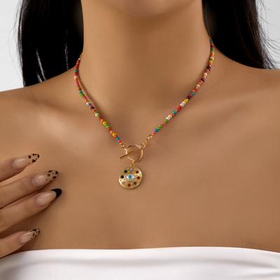 Handmade Colorful Rice Beads Evil Eye Pendant Necklace for Women Fashionable Heart Flower OT Buckle Necklace Daily Wear Jewelry