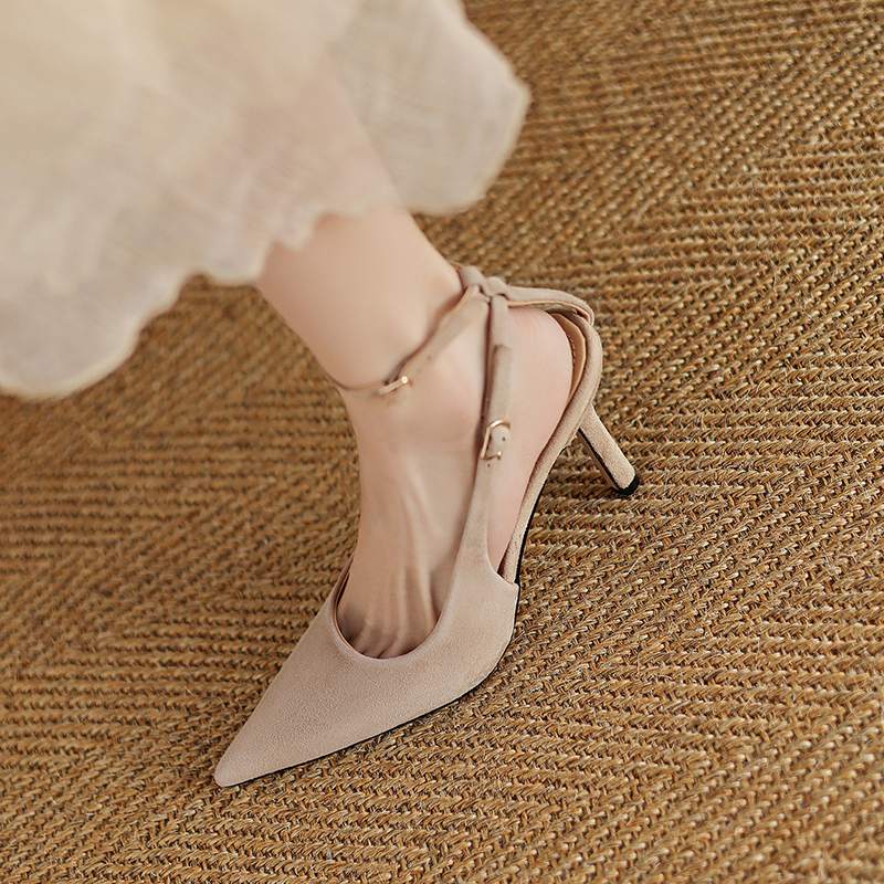 Krazing Pot Sheep Suede Summer Size 42 Leopard Decoration Slingback Thin High Heels Women Women Pointed Toe Pumps