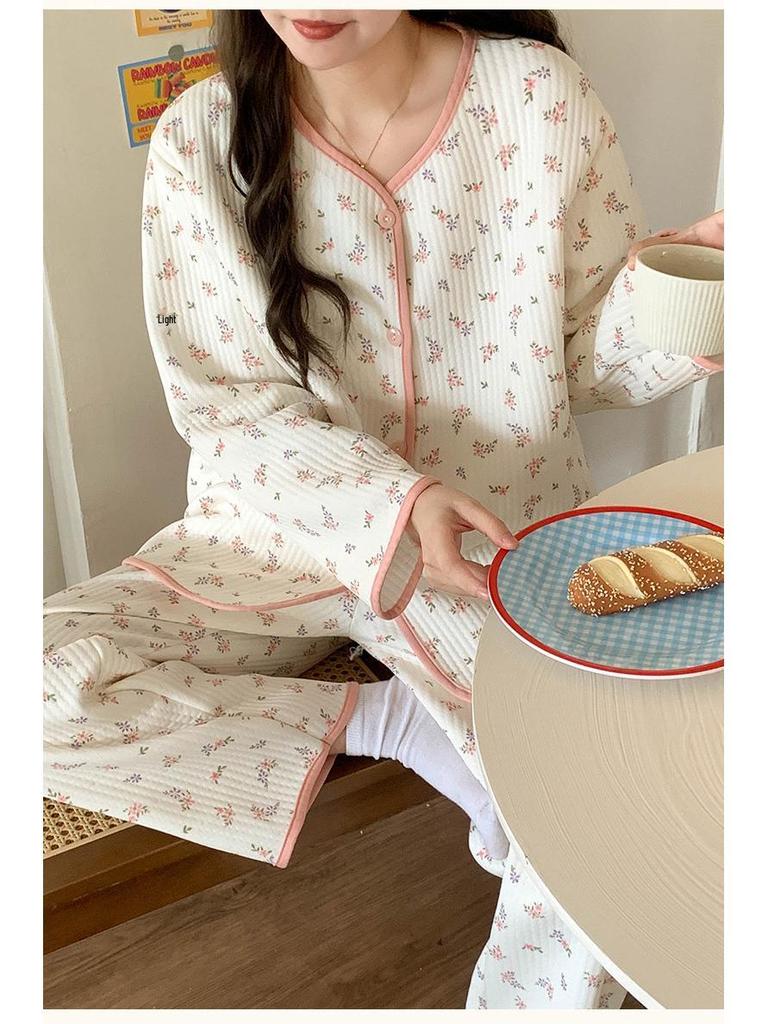 Layered Long Sleeve Cotton Quilted Pajamas Set for Women - Autumn/Winter Casual Cardigan Homewear