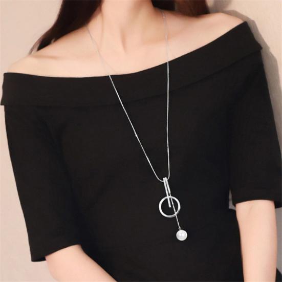 Women Fashion Imitation Pearl Circle Bar Pendant Sweater Chain Necklace Jewelry