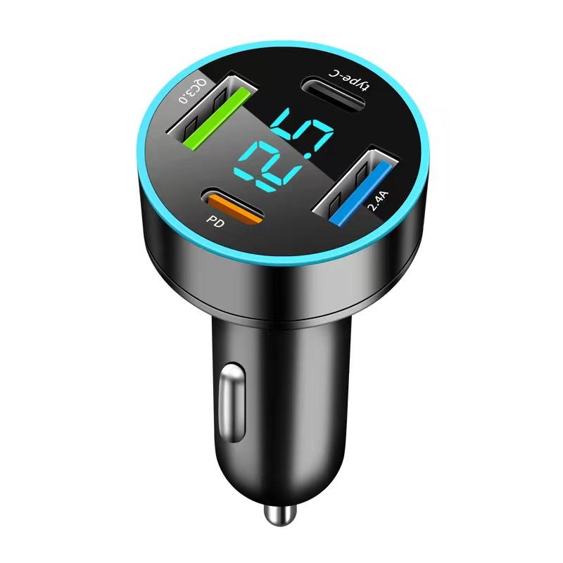 Caricabatterie per auto a ricarica rapida da 66 W con display digitale e 4 porte USB, compatibile PD, design Halo