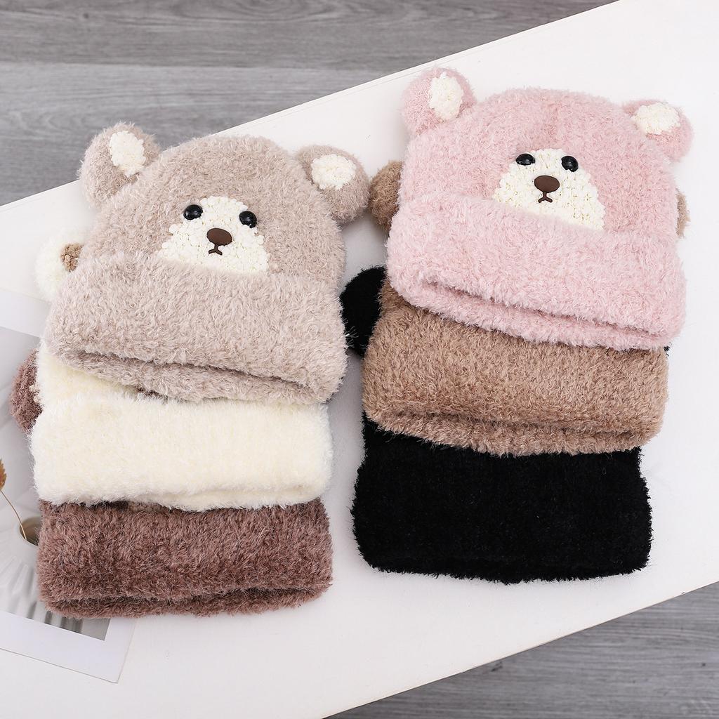 Cute Bear Warm Wool Hat Women'S Autumn And Winter Casual Thickened Velvet Knitted Hat Fashionable Cold Hat
